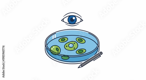 Eye observing petri dish with cells and writing tool