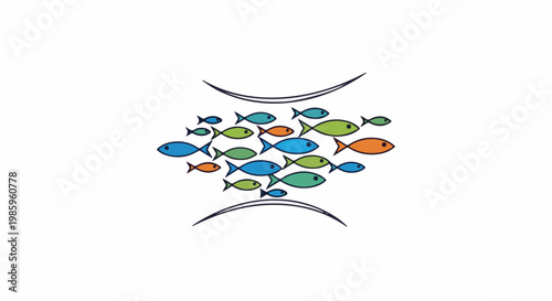 A colorful school of fish swimming together in stylized underwater scene