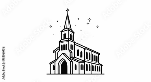 Stylized black and white outline drawing of a church with a steeple and crosses