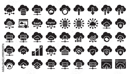 Diverse collection of cloud computing services and network icons representing various digital solutions, infrastructure, and virtual private cloud concepts.