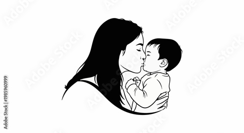 Tender moment of a mother kissing her baby with closed eyes