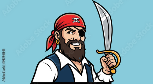 Cartoon pirate with eye patch and saber on light blue background vector