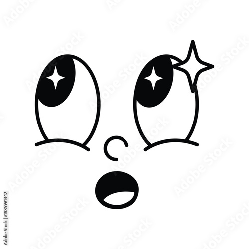 Retro cartoon face with sparkling eyes and surprised open mouth