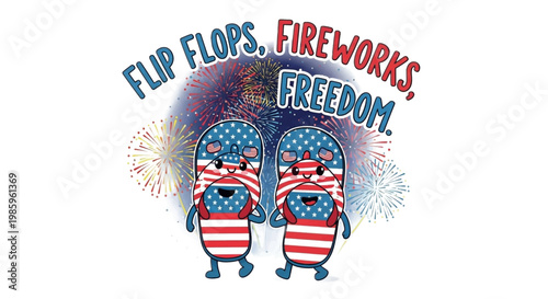 Patriotic flip flops, American flag sandals, summer freedom, fireworks vector icon
