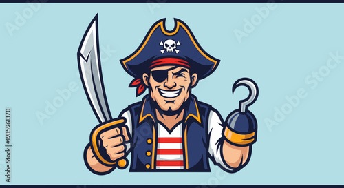 Cartoon pirate with hook and sword illustration on a simple background
