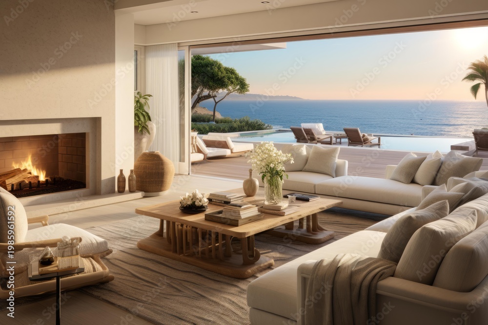 Naklejka premium Modern villa living area opening to an outdoor deck with infinity pool and ocean sunset