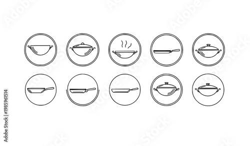 Wok pan icons vector set in minimal clean outline style for cooking and kitchen UI design
