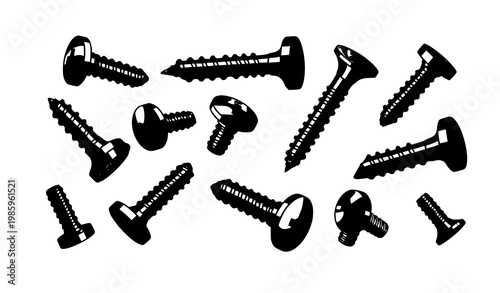 Dynamic screw vector set with metal fasteners in modern industrial hardware design style