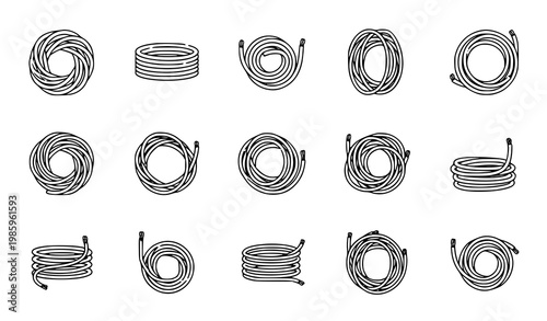Electric wire coil icon set vector with cable loops in clean minimal electrical engineering style