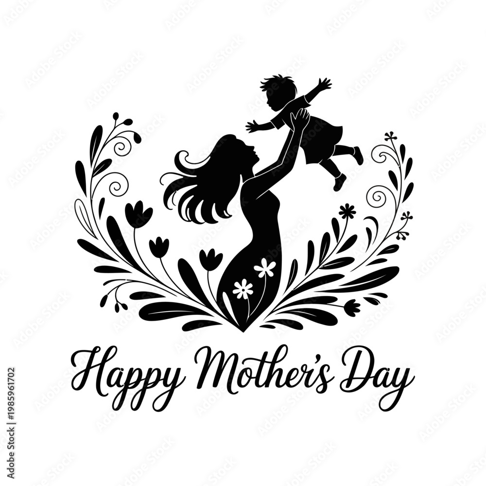 Obraz premium Mother's Day Silhouette: A loving mother joyfully lifts a child in the air, framed by delicate floral embellishments, a timeless symbol of maternal affection.