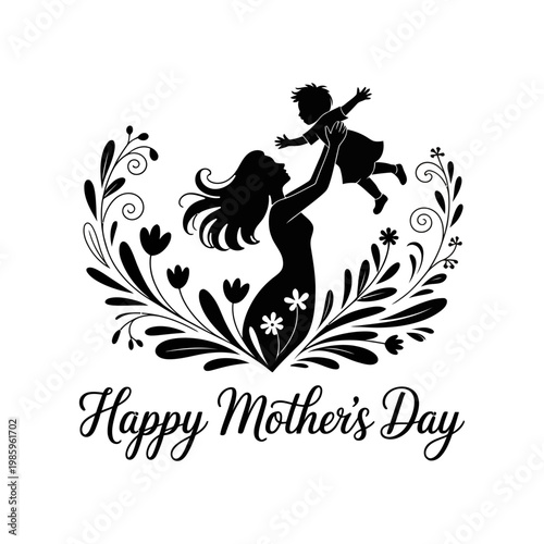 Mother's Day Silhouette: A loving mother joyfully lifts a child in the air, framed by delicate floral embellishments, a timeless symbol of maternal affection.