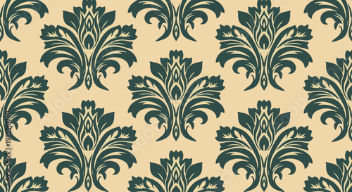 Rich decorative damask pattern with intricate floral motifs and baroque influence