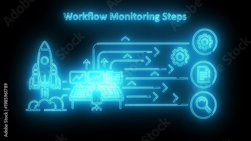 Neon-lit cybersecurity flowchart with threat detected center on black background