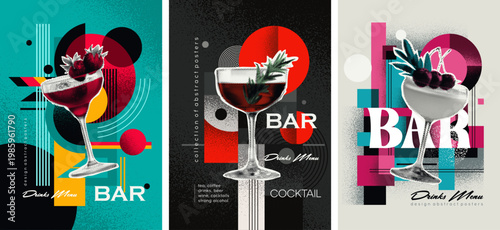 Stylish posters with halftone newspaper cocktails and geometric shapes