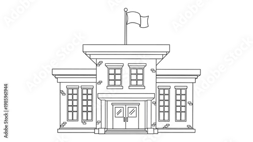 Outline drawing of a traditional school building with a flag pole.