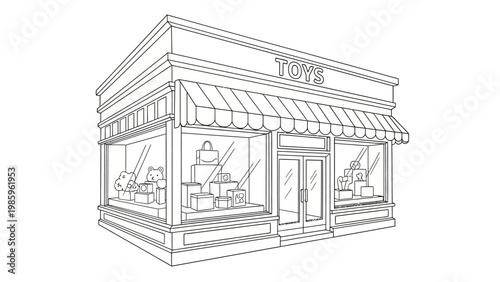 Coloring book illustration of a toy store storefront building facade