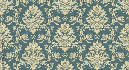 Ornamental vintage damask wallpaper with repeating elegant floral decorative shapes