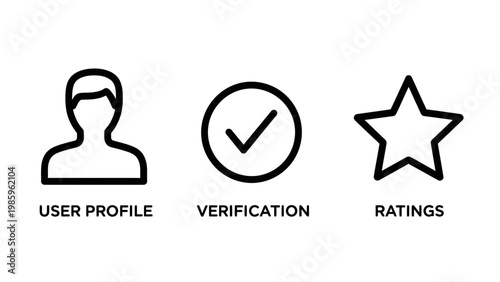 User profile verification ratings icons with verification business identity approval feedback customer management personal information validation authentication security performance