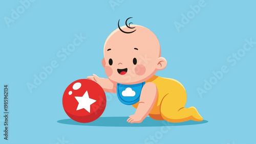 Happy baby crawling and playing with a red ball.