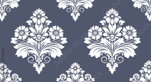 Elegant seamless damask pattern with intricate floral motifs on deep navy background