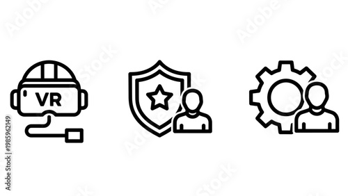 Vr headset security shield with user icon virtual reality technology entertainment security protection identity cogwheel settings management collaboration