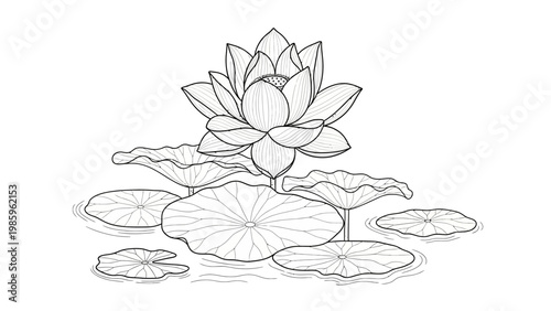 Elegant Lotus Flower and Lily Pads in Serene Line Art Illustration