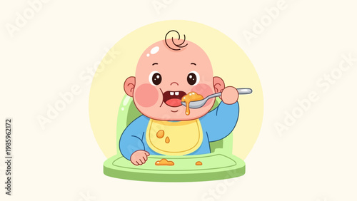 Cute baby eating food from a spoon in a high chair.