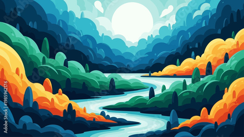 A vibrant stylized landscape illustration with a flowing river and sun.