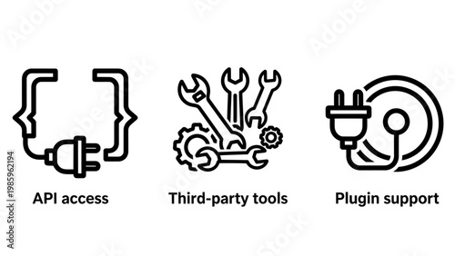 Api access third-party tools plugin support icons with software development programming integration connectivity technology computer application interface information connection extension