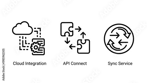 Cloud integration api connect sync service icons with line art integration connection technology software database exchange communication download illustration abstract collection business