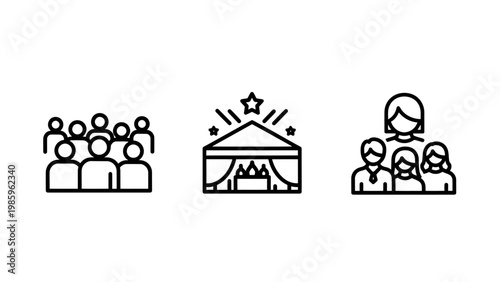 Group of people star-topped tent small crowd icons with social issues audience illustration collection business community gathering celebration festival exhibition presentation conference