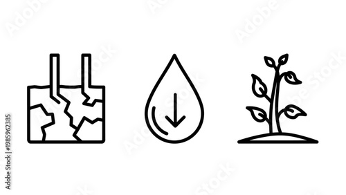 Drought water drop plant growth icons with seedling agriculture environment conservation sustainability hydration irrigation resource scarcity horticulture illustration collection
