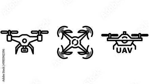 Drone and uav technology icons with technology quadcopter aircraft surveillance photography delivery transport automation robotics innovation unmanned aviation aerospace industry