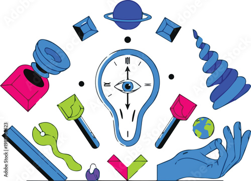 A creative hand holding various tools surrounds a glowing lightbulb with an eye, symbolizing innovation and ideas in a cluttered workspace.