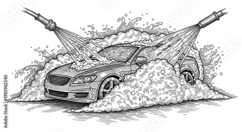 Sedan Under Automatic Car Wash Brushes Cleaning Foam.