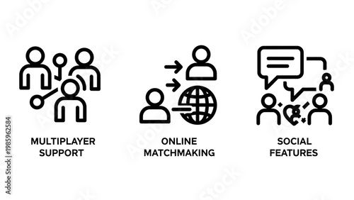 Icons for multiplayer support online matchmaking social features with social media online gaming community connection communication interaction platform illustration collection competition