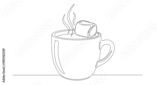Minimalist line art of a steaming mug with a marshmallow, hot beverage concept