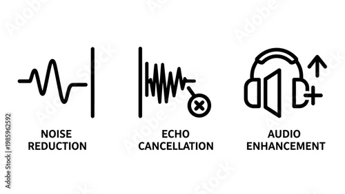 Noise reduction echo cancellation audio enhancement icons with sound wave flat icon line art digital audio sound engineering headphones technology waveform frequency microphone equipment