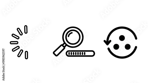 Loading and search progress icons with circular refresh symbol magnifying glass loading spinner loading indicator user experience round trip loading animation progress circular searching