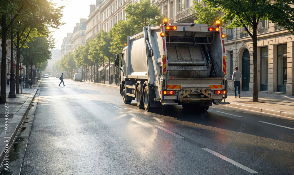 Naklejka premium Garbage truck collecting waste on a quiet city street lined with trees and buildings during early morning light, pedestrian crossing visible in the background