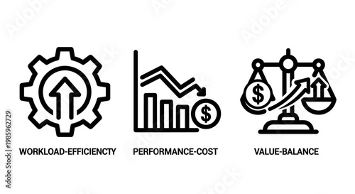 Business icons: workload efficiency performance-cost analysis value balance with cost reduction dollar sign return on investment balance sheet graphic resources states of mind business analysis