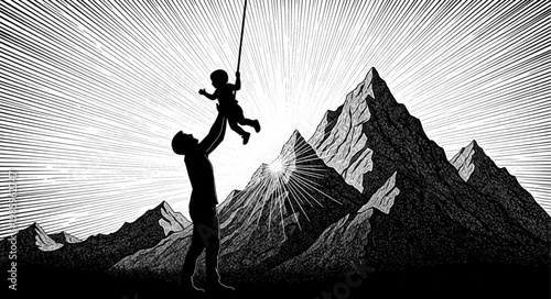 Silhouette of parent lifting child on swing rope.