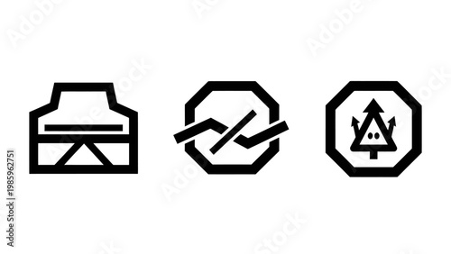 Set of black and white graphic icons representing modern industrial production environmental sustainability with a pine tree symbol and business growth data within an octagonal frame, industry