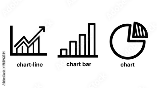 Vector data visualization chart icon set for business analytics including a line graph with an arrow bar chart with increasing columns and a pie chart for financial reporting analytics statistics