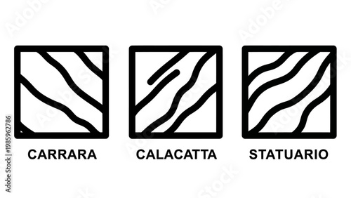 Minimalist linear icons representing different white marble varieties like carrara calacatta and statuario for architectural design with calacatta statuario collection architecture material