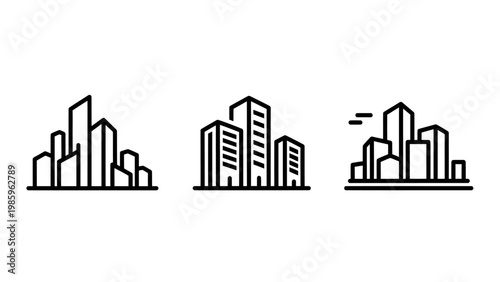 Modern architectural city skyline icons showing highrise skyscrapers downtown metropolitan buildings and urban landscape silhouettes for real estate and construction design with skyscraper, building