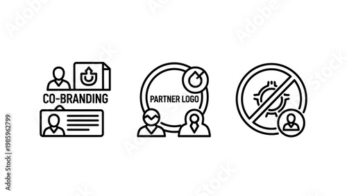 Business co-branding and partnership icon set including identity card and restricted logo usage symbols with branding business marketing cooperation agreement identity membership professional