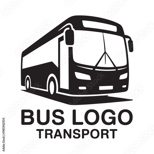 Stylized black and white illustration of a bus with accompanying text logo