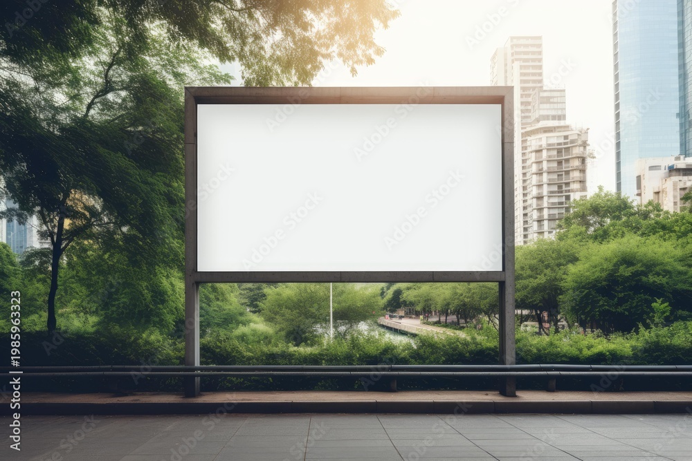 Fototapeta premium Empty outdoor advertisement billboard for branding or marketing campaign surrounded by green trees and buildings
