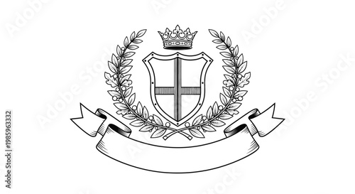 Elegant monochrome royal crest featuring a crown, shield, laurel wreath, and a blank banner, symbolizing heritage and authority on an isolated white background.